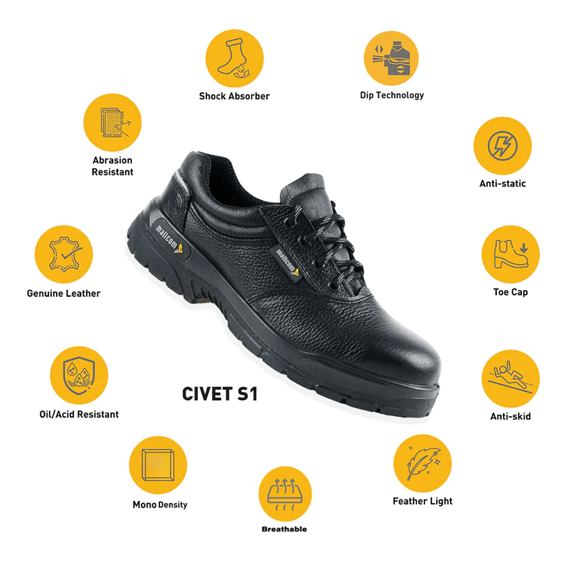 Antistatic Steel Toe Safety Shoes Mallcom CIVET S1 PU Sole Black Leather