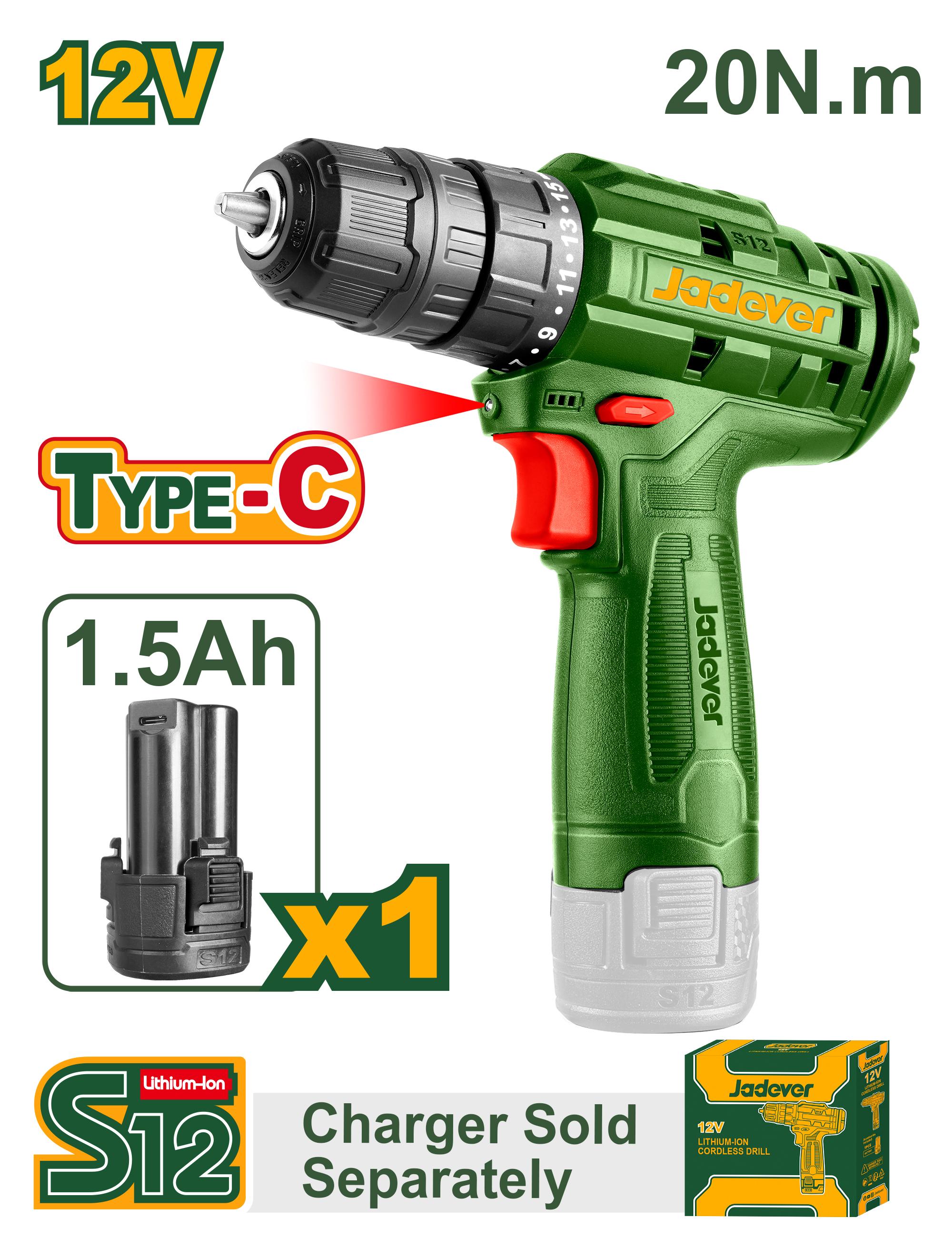 Cordless Drill 12V 750rpm 20NM Jadever JDCDS510 Without Charger